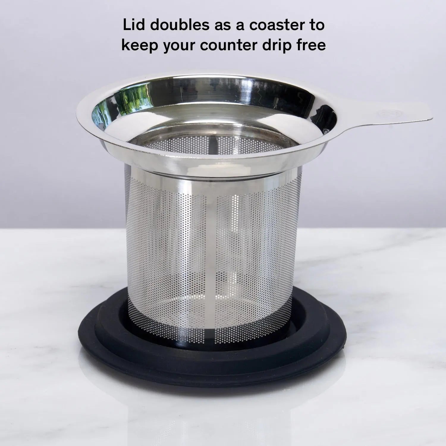 thumbnail interactive-video image 1 of Extra Fine Mesh Stainless Steel Tea Infuser With Silicone Lid – Round, Dishwasher Safe 1 of 4